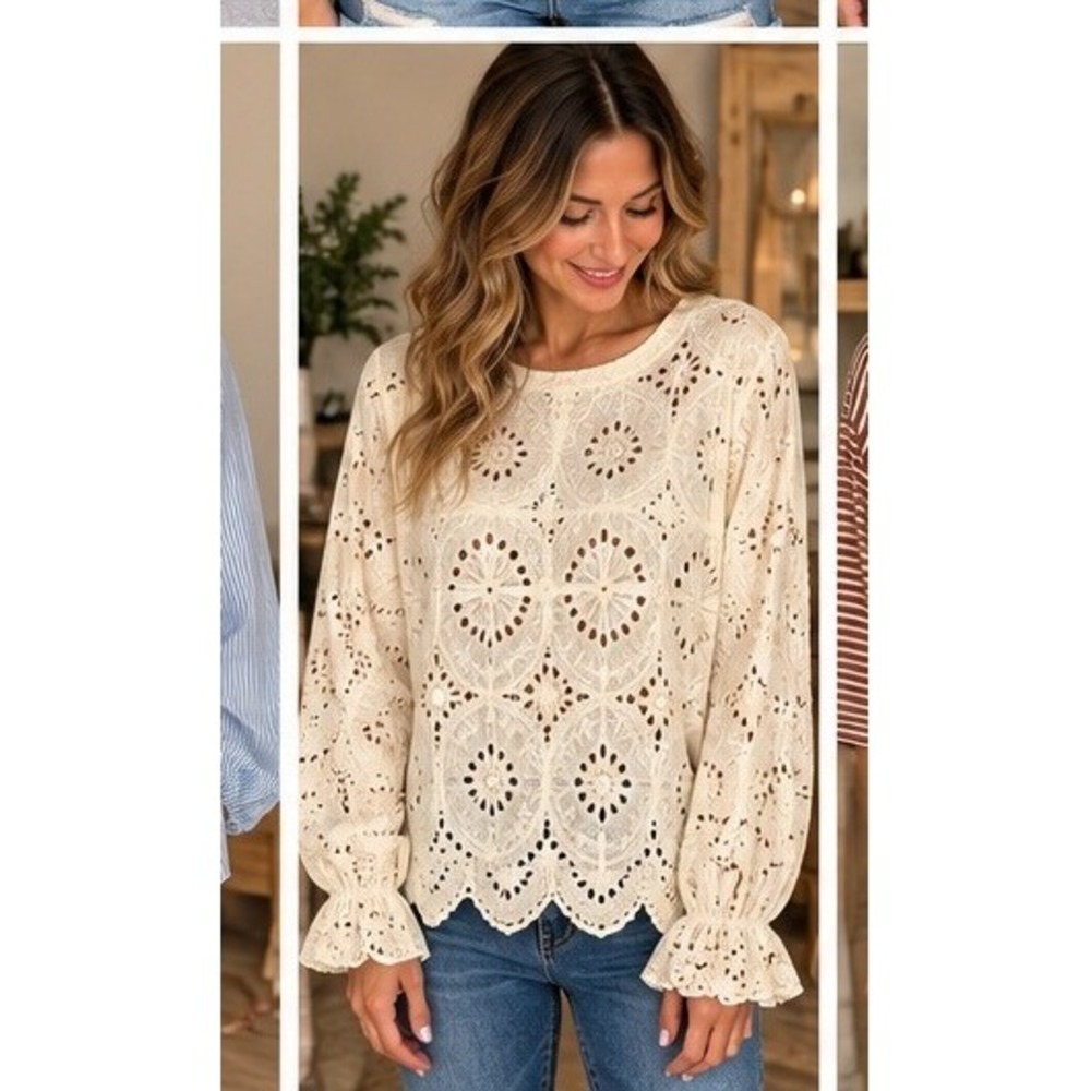 Cupshe Women Cream Floral Eyelet Lace Ruffle Cuff Blouse XXL CAA04D2F027GG NWT